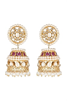 Gold Plated Moissanite Ruby & Pearl Jhumka Earrings In Sterling Silver