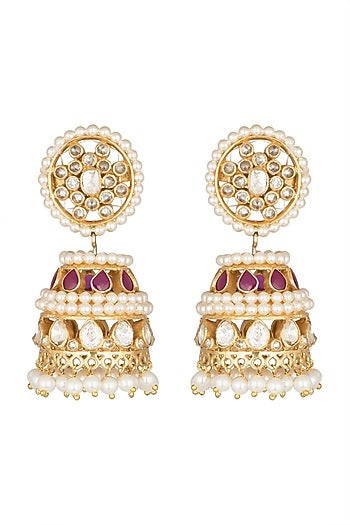 Gold Plated Moissanite Ruby & Pearl Jhumka Earrings In Sterling Silver