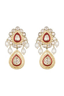 Gold Plated Moissanite Stone & Pearl Red Meenakari Dangler Earrings In Sterling Silver