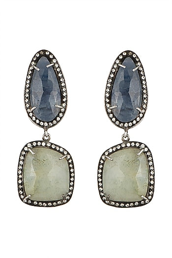 Silver Finish Sapphire & Emerald Victorian Dangler Earrings In Sterling Silver
