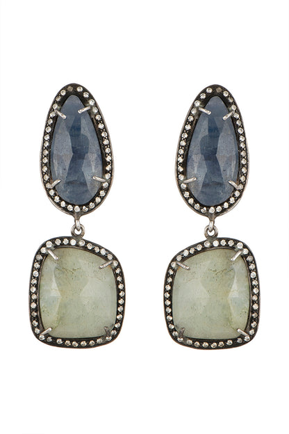 Silver Finish Sapphire & Emerald Victorian Dangler Earrings In Sterling Silver