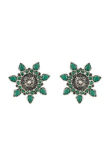 Silver Finish Emerald & Small Drop Stud Earrings In Sterling Silver
