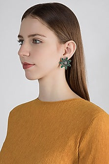 Silver Finish Emerald & Small Drop Stud Earrings In Sterling Silver