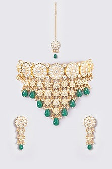 Gold Plated Kundan Polki & Deep Green Pearl Choker Necklace Set In Sterling Silver