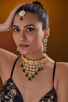 Gold Plated Kundan Polki & Deep Green Pearl Choker Necklace Set In Sterling Silver