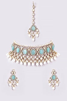 Gold Finish Turquoise Polki Choker Necklace Set