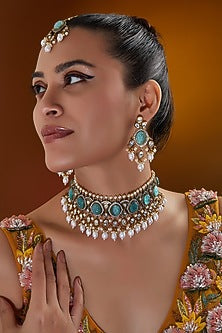 Gold Finish Turquoise Polki Choker Necklace Set