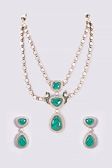 Gold Finish Kundan Polki & Emerald Stone Layered Necklace Set