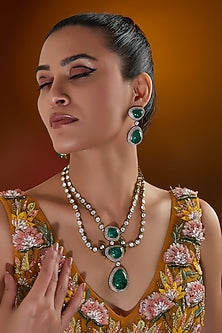 Gold Finish Kundan Polki & Emerald Stone Layered Necklace Set