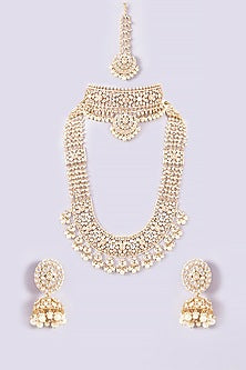 Gold Finish Kundan Polki & Pearl Drop Long Necklace Set