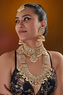 Gold Finish Kundan Polki & Pearl Drop Long Necklace Set