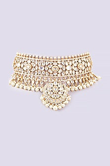 Gold Finish Kundan Polki & Pearl Drop Long Necklace Set
