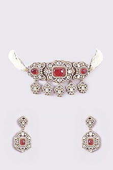 White Finish Ruby & Pearl Choker Necklace Set