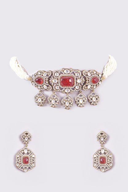 White Finish Ruby & Pearl Choker Necklace Set