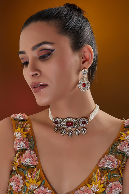 White Finish Ruby & Pearl Choker Necklace Set