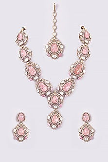 Gold Finish Pink Kundan Polki Long Necklace Set