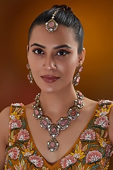 Gold Finish Pink Kundan Polki Long Necklace Set