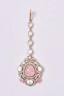 Gold Finish Pink Kundan Polki Long Necklace Set