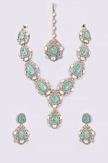 Gold Finish Turquoise Kundan Polki Long Necklace Set