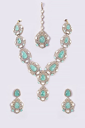 Gold Finish Turquoise Kundan Polki Long Necklace Set