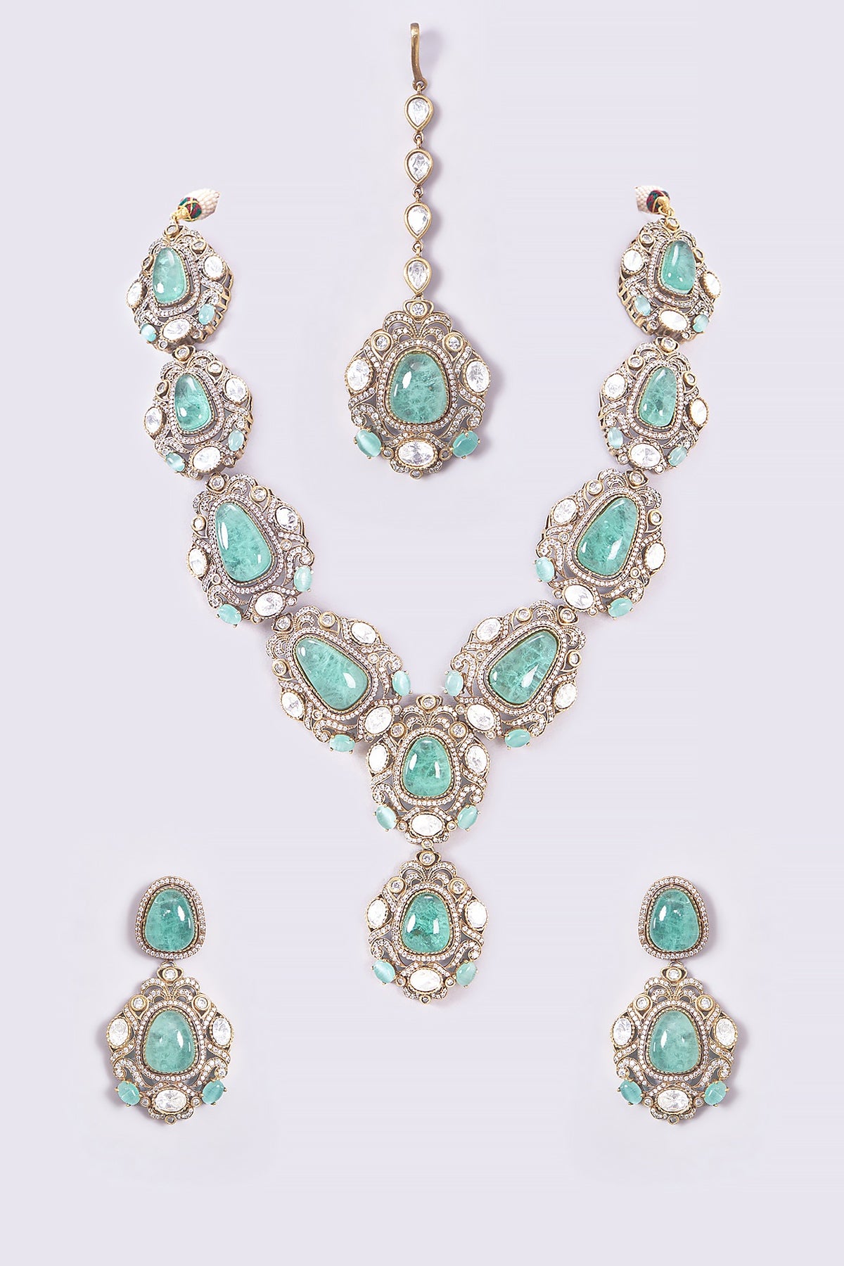 Gold Finish Turquoise Kundan Polki Long Necklace Set