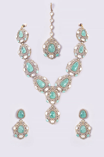 Gold Finish Turquoise Kundan Polki Long Necklace Set