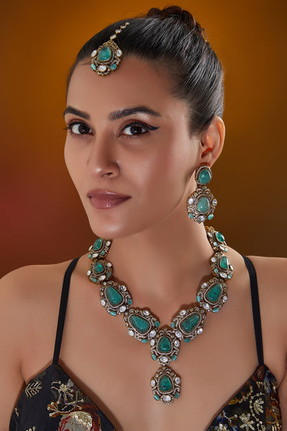 Gold Finish Turquoise Kundan Polki Long Necklace Set
