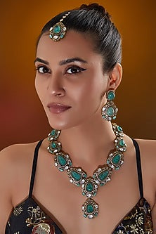 Gold Finish Turquoise Kundan Polki Long Necklace Set
