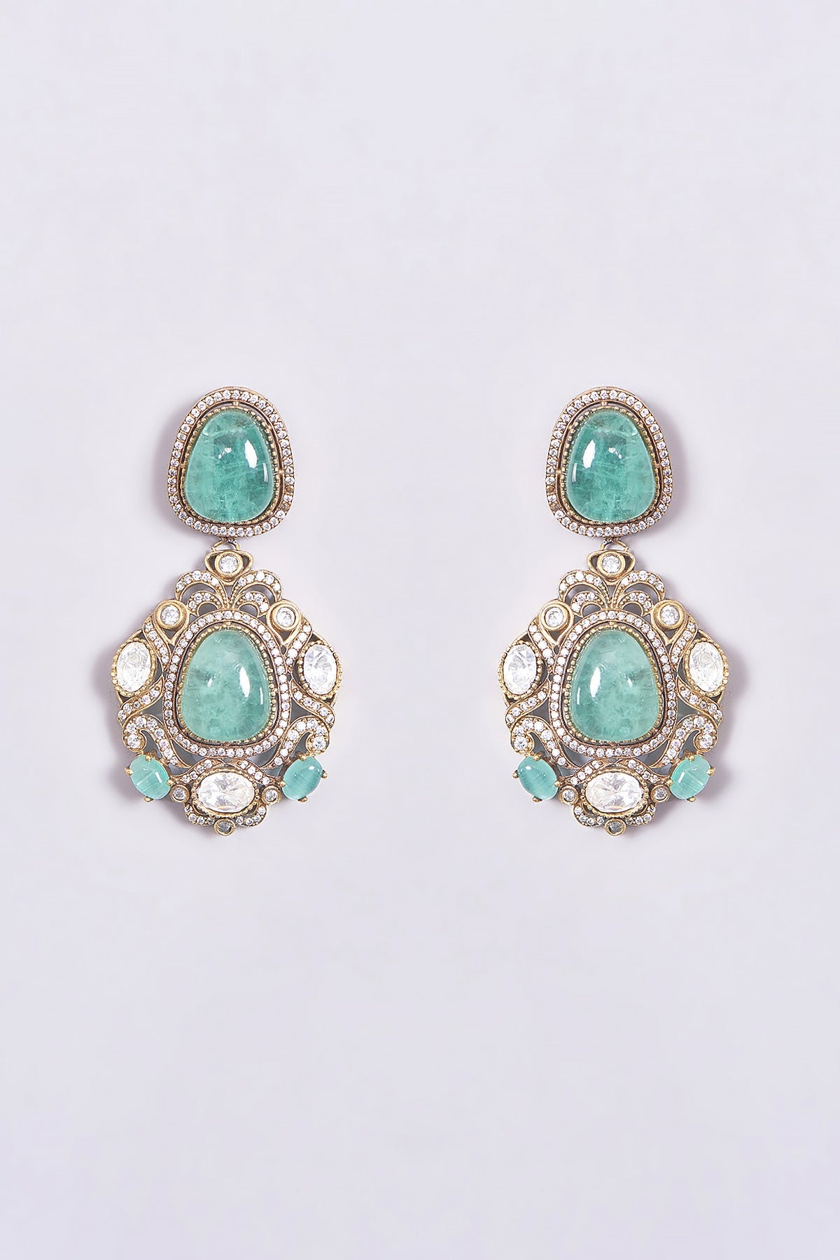 Gold Finish Turquoise Kundan Polki Long Necklace Set