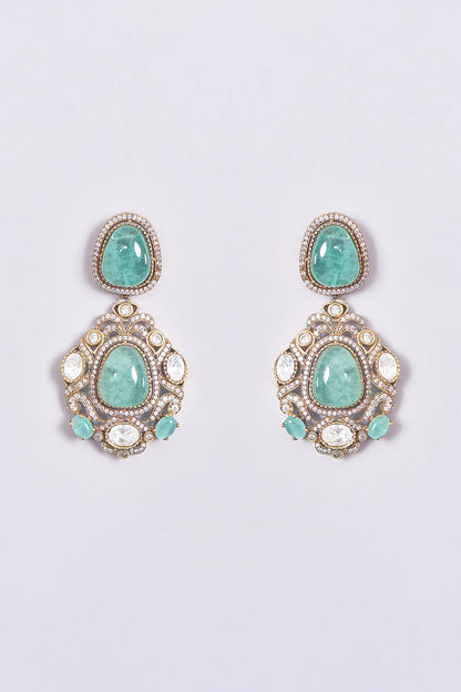 Gold Finish Turquoise Kundan Polki Long Necklace Set