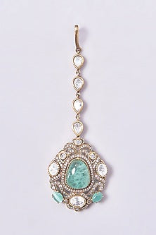 Gold Finish Turquoise Kundan Polki Long Necklace Set