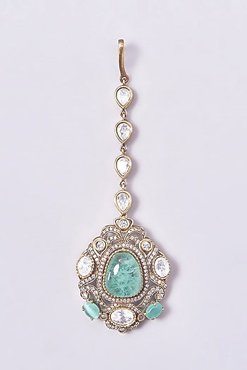 Gold Finish Turquoise Kundan Polki Long Necklace Set