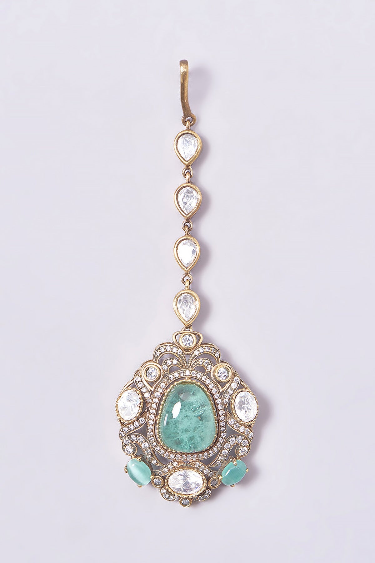 Gold Finish Turquoise Kundan Polki Long Necklace Set