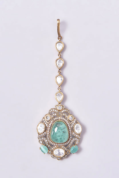 Gold Finish Turquoise Kundan Polki Long Necklace Set
