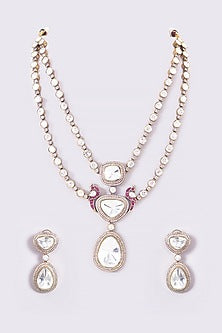 Gold Finish White Kundan Polki Layered Necklace Set