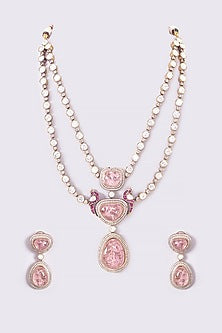 Gold Finish Pink Kundan Polki Layered Necklace Set
