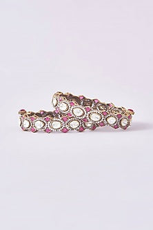 Black Rhodium Finish Kundan Polki & Ruby Kadas (Set Of 2)