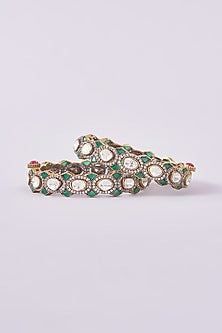 Black Rhodium Finish Kundan Polki & Green Stone Kadas (Set of 2)