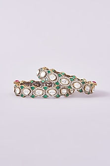 Black Rhodium Finish Kundan Polki & Green Stone Kadas (Set of 2)