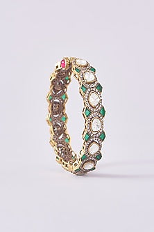 Black Rhodium Finish Kundan Polki & Green Stone Kadas (Set of 2)