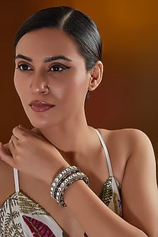Black Rhodium Finish Kundan Polki & Navratna Stone Kadas (Set of 2)
