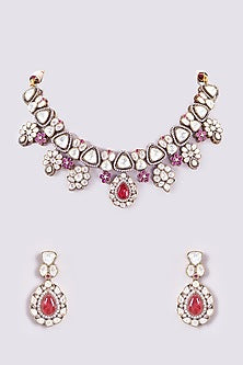 Gold Finish Kundan Polki & Red Stone Floral Necklace Set