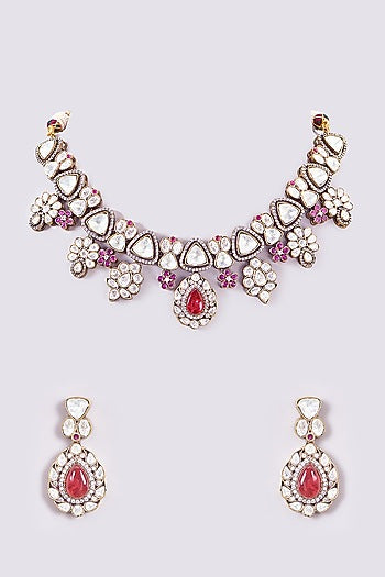 Gold Finish Kundan Polki & Red Stone Floral Necklace Set