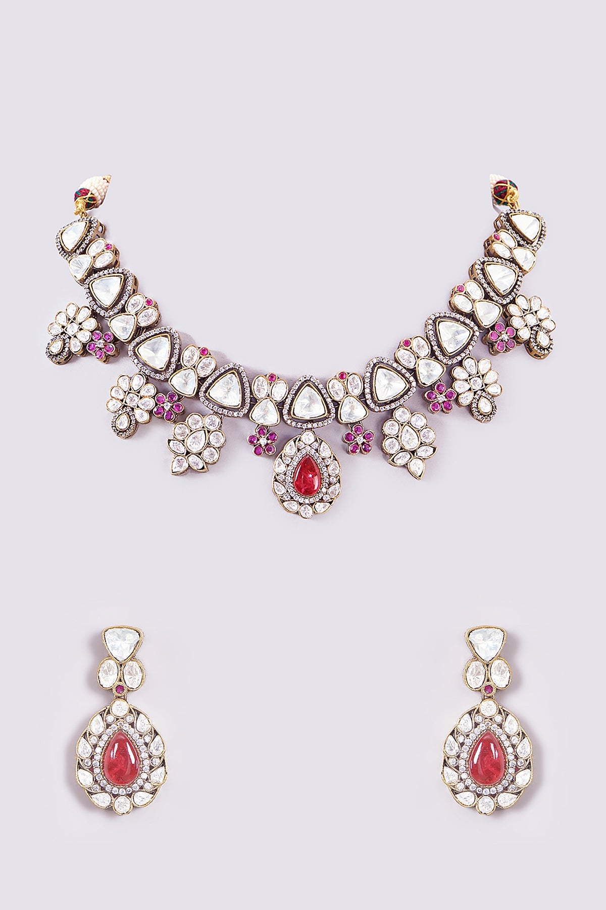 Gold Finish Kundan Polki & Red Stone Floral Necklace Set