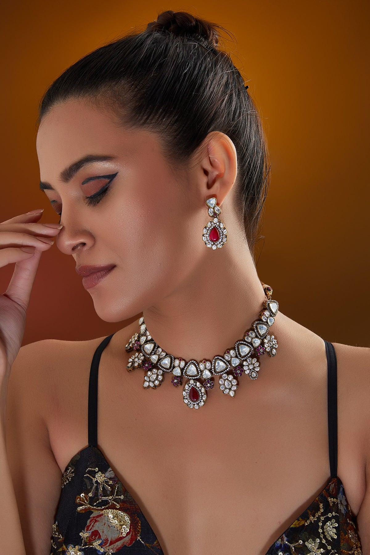 Gold Finish Kundan Polki & Red Stone Floral Necklace Set