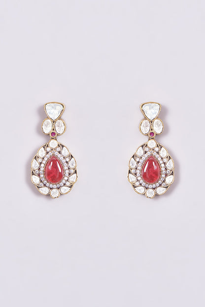 Gold Finish Kundan Polki & Red Stone Floral Necklace Set