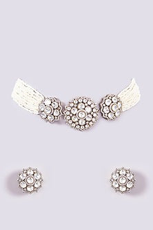 Gold Finish Diamond & Pearl Floral Choker Necklace Set