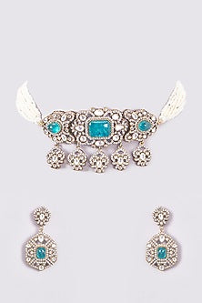 Gold Finish Aqua Stone & Pearl Floral Choker Necklace Set