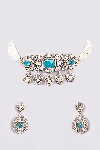 Gold Finish Aqua Stone & Pearl Floral Choker Necklace Set
