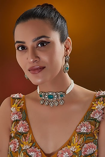 Gold Finish Aqua Stone & Pearl Floral Choker Necklace Set